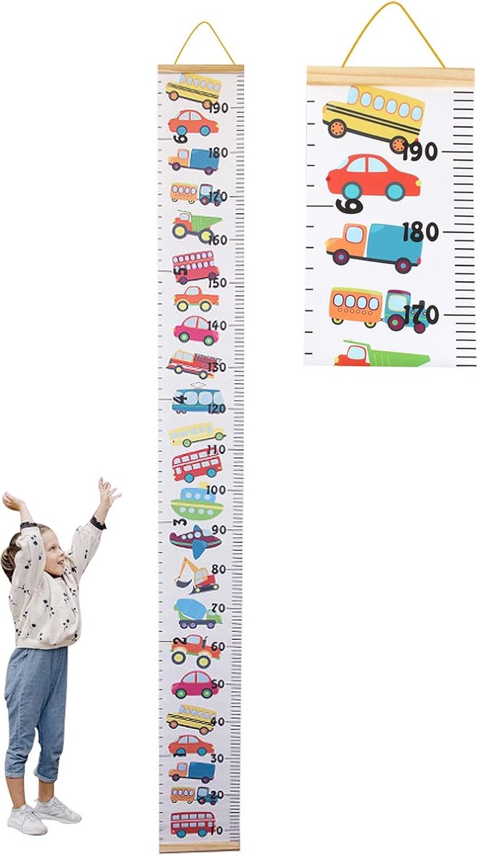 SnelShoppen - Houten Meetlat voor Kinderen, Muurdecoratie van Hout, Groeimeter met Dieren, Verstelbare Meetlat voor Kinderen, 20cm x 195cm, Car Vorm,