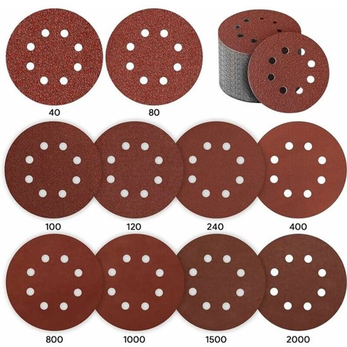 Schuurschijf, 80 stuks Schuurschijf 125mm Schuurpapier Schuurschijf geschikt voor excenterschuurmachine 10 P40 / P80 / P100 / P120 / P240 / P400, 5 P800 / P1000 / P1500 / P2000 8 gaten