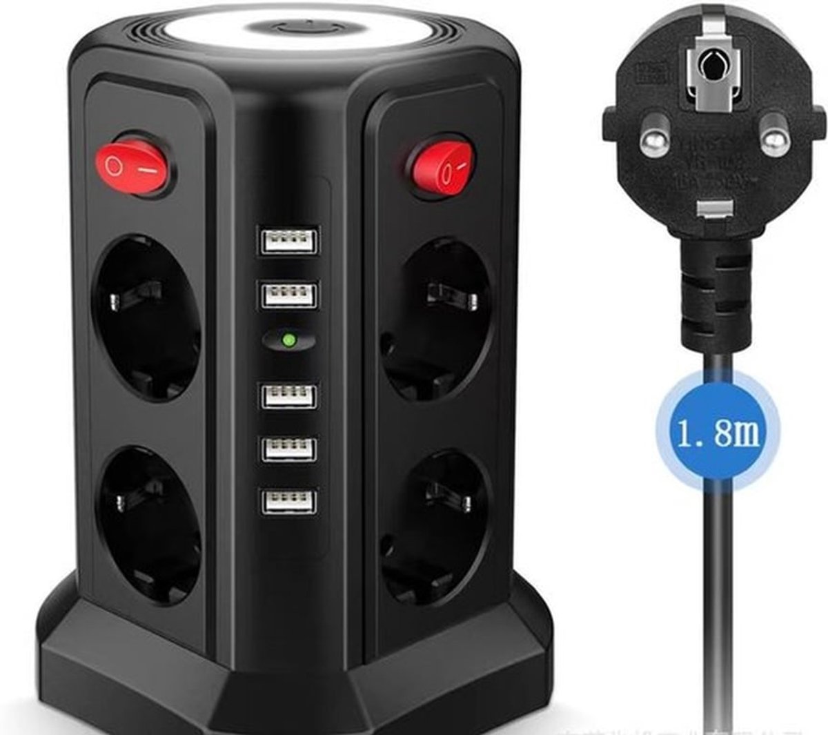 Verticale Europese standaard USB-oplaadstekkerdoos - Multifunctionele huishoudelijke stekkerdoos met nachtlampje en stekkerdoos - Energiebesparende aan/uitknop - Zwart