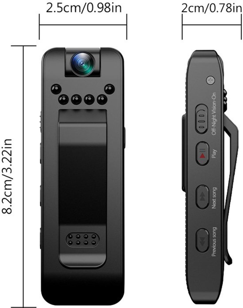 Deze minicamera met scherm kan worden gebruikt als opnameapparaat voor wetshandhaving, actiecamera, clipcamera of kleine, verborgen camera met ingebouwde batterij, en beschikt bovendien over nachtzicht.