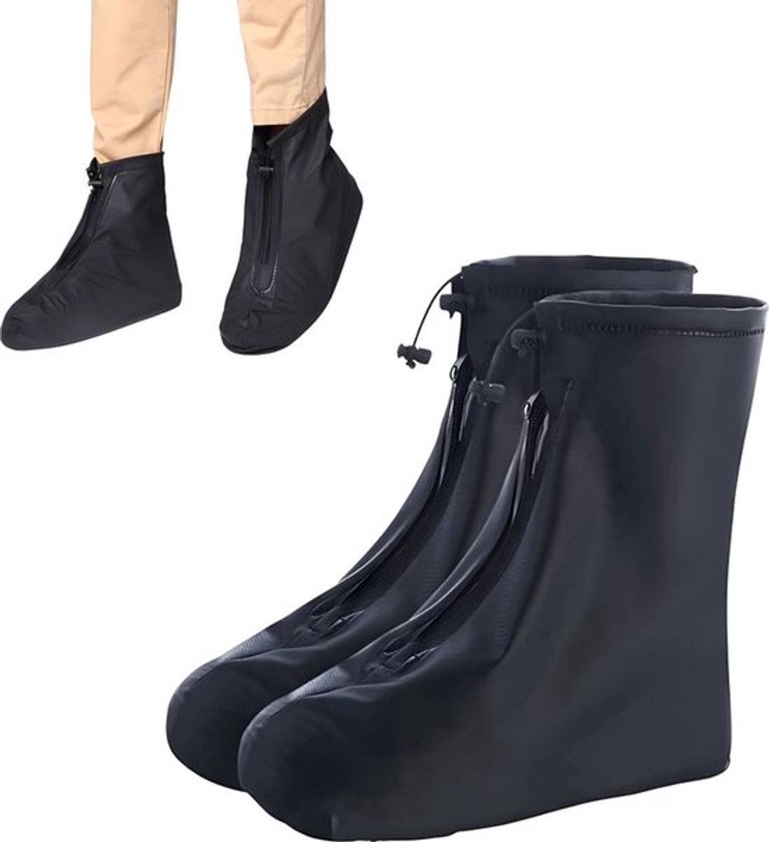Overschoenen Waterdicht - Regen Overschoenen - met Ritssluiting en Trekkoord - Waterdichte Schoenbeschermers - Motor Scooter Fiets Schoenhoes - Schoen Regen Hoes - Schoenovertrek - Schoenhoesjes - Anti Slip - Maat 41-42 - Zwart