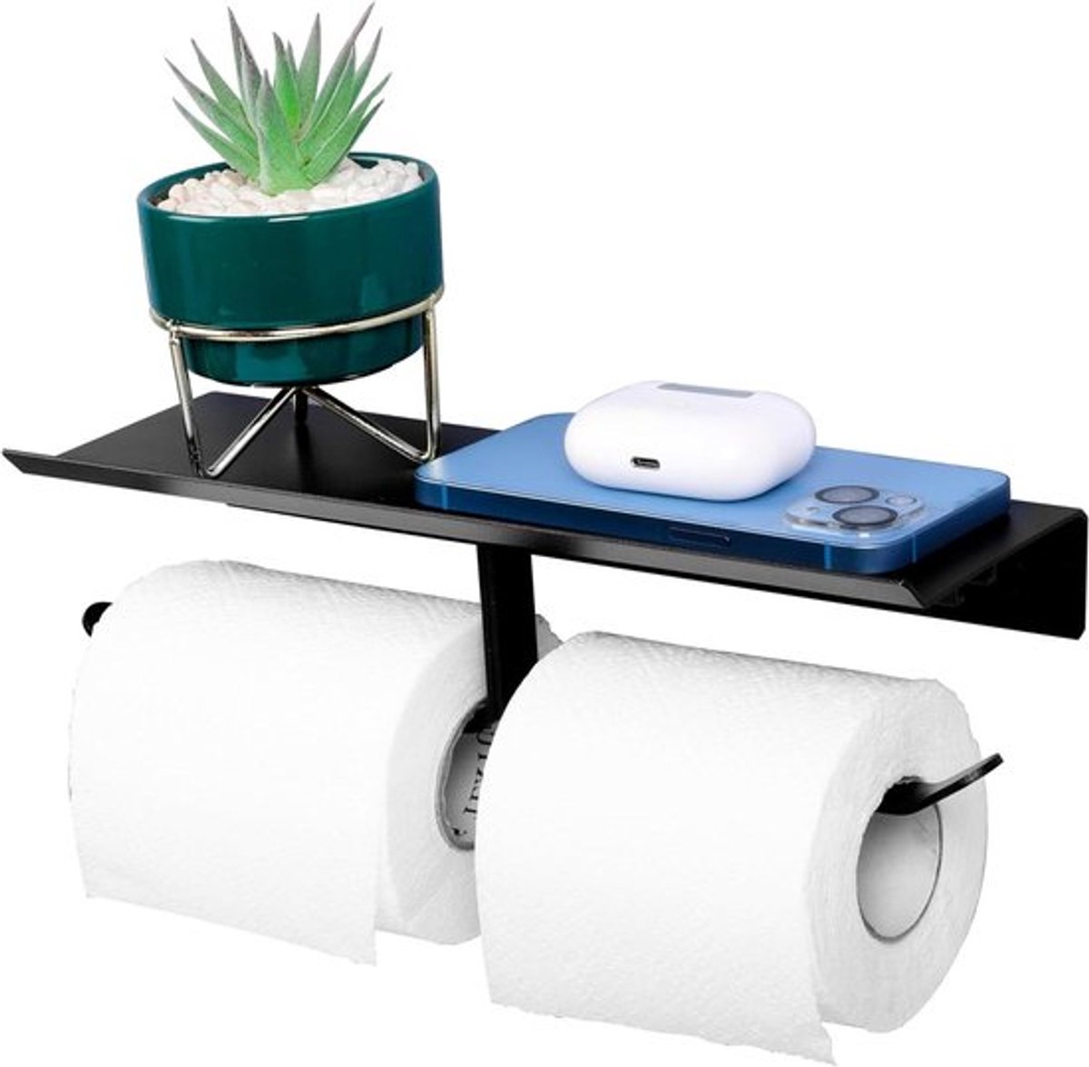 wc rolhouder met plankje - zelfklevend - hangend - zonder boren - toiletrolhouder - zwart.