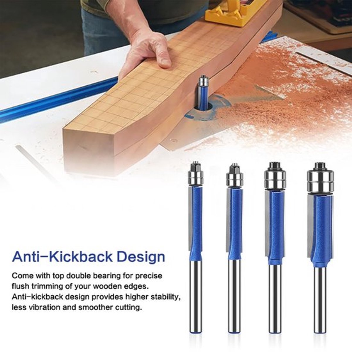 Professionele 4-delige Freesbit Set met 6mm Shank, Dubbele Lagers en Opbergdoos voor Houtbewerking en Precisiefrezen