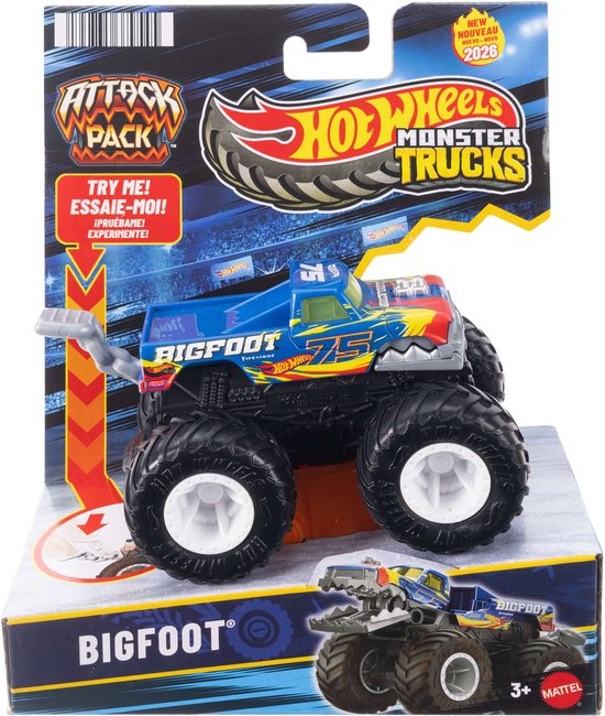Blauwe Hot Wheels Monster Trucks Bigfoot in verpakking met vlammen, nummer 75 en grote witte velgen.