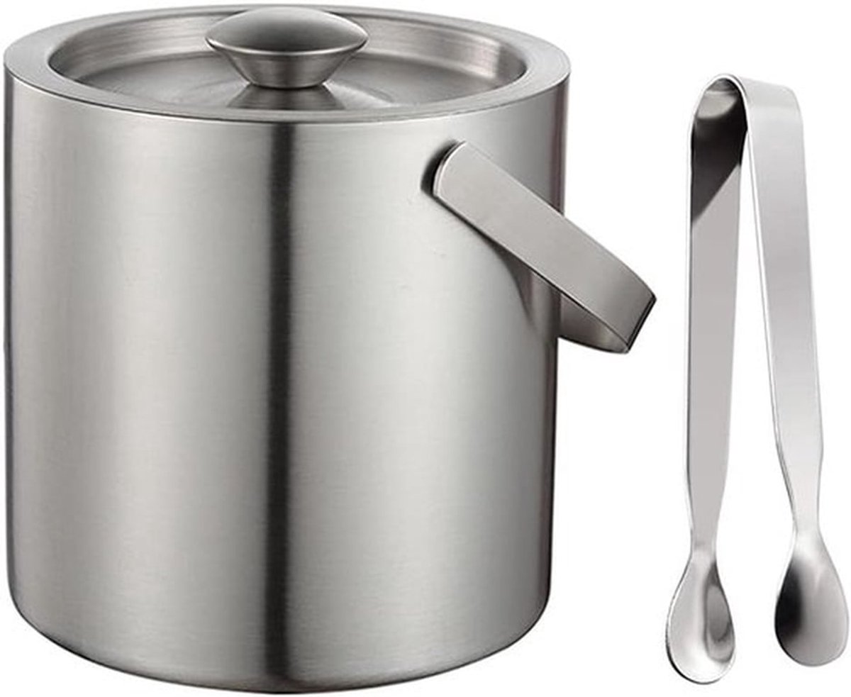 IJsemmer RVS met deksel - 3L - Zilveren roestvrijstalen metalen emmer - Keukenijsemmer voor koude dranken - ijsemmer met tang en deksel - wijnkoeler - RVS dubbelwandige ijsemmer met deksel en hengsel - IJsemmer RVS dubbelwandig koud