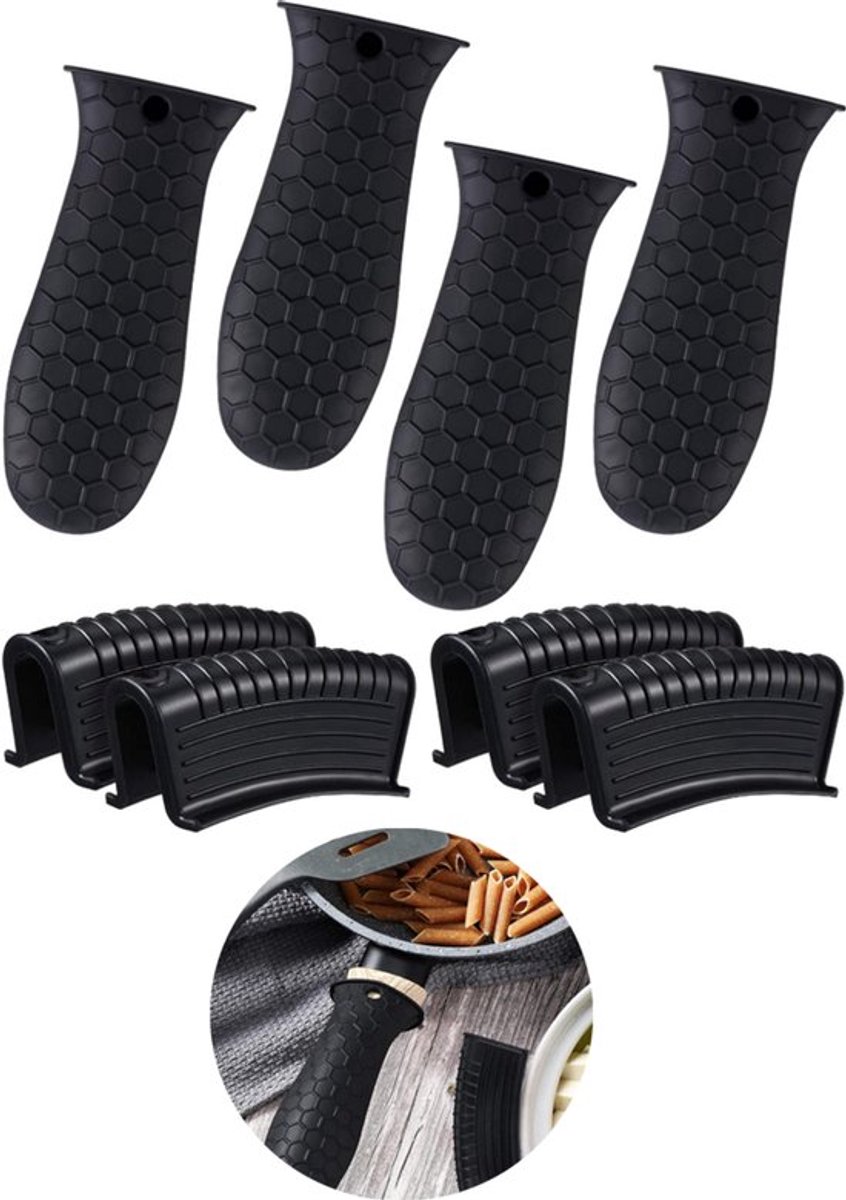 siliconen handvat beschermers - gietijzeren handvat beschermer - hittebestendige - antislip handvatbeschermer voor gietijzeren koekenpan - keukenbenodigdheden - Pan Handvat cover - Potgreepbeschermers - zwart - 8 packs