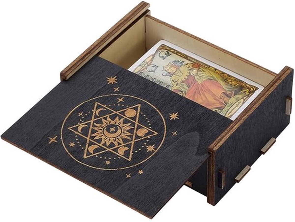 Tarot Card Box Davidster Ontwerp Houten Opslag Tarot Deck Box 11,6x9,2x5,1CM Maan Ster Gedrukte Kaarthouder voor Sieraden Kristallen Waarzeggerij Kaarten Home Decor