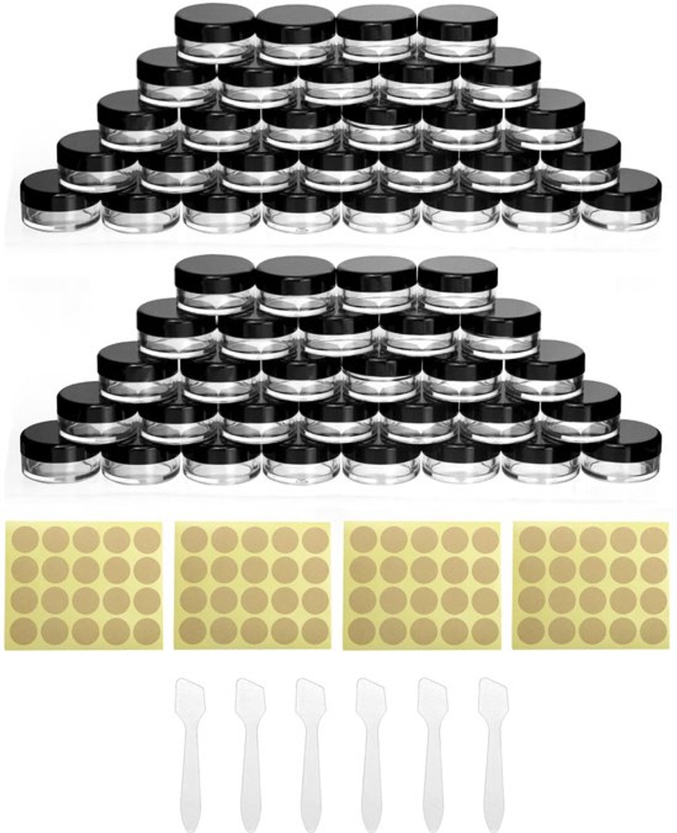 ® 60 stuks kleine plastic potjes met deksel, met sticker en kleine lepel voor het opbergen van make-up, sieraden, gel, etc