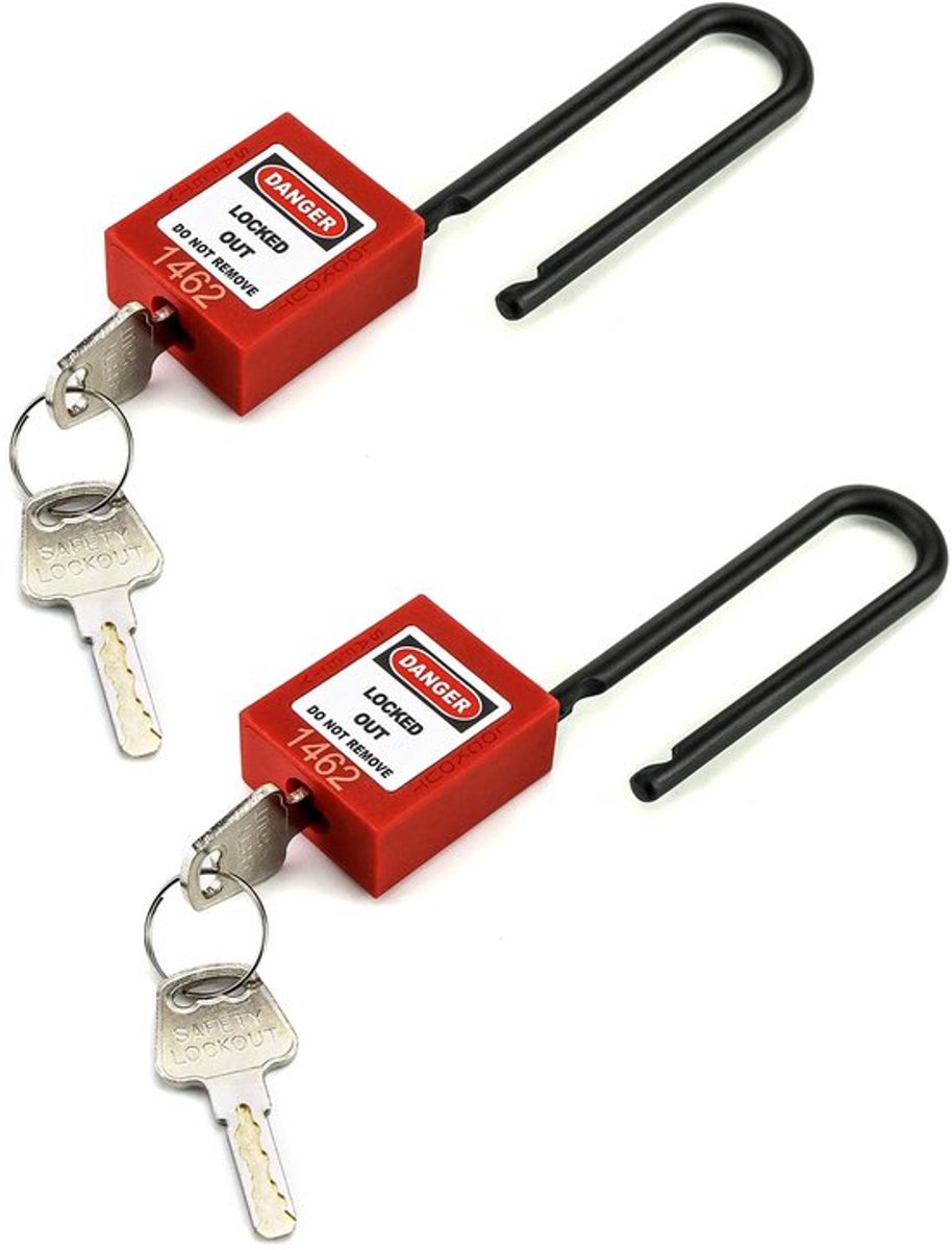 ® Lockout hangslot, set van 2 hangsloten met 4 sleutels, met 76mm verlengd niet-geleidend nylon slothandvat, rood