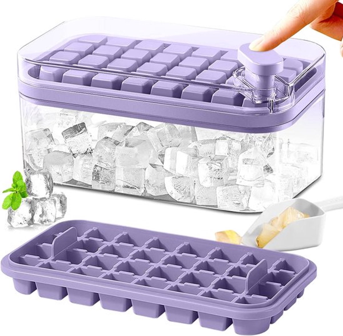 IJsblokjesvorm met deksel en bak voor vriezer, 2-pack, 64 stuks ijsblokjesvorm (paars)