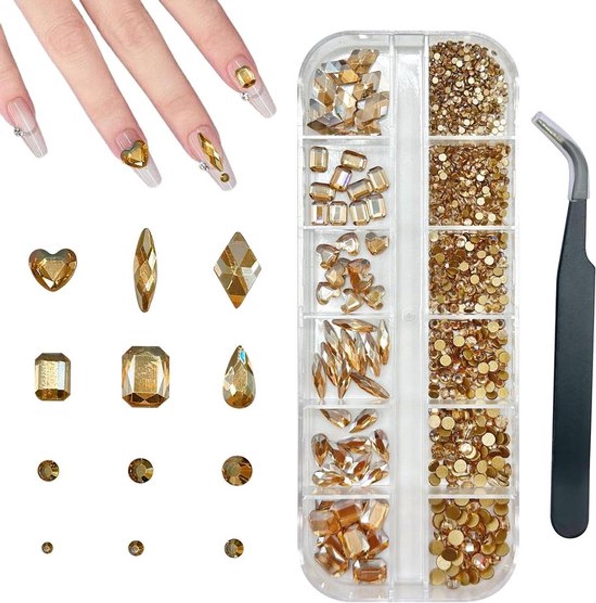 Champagne Strass Nagelkunstdecoratie - 750 stuks Waterdruppelvorm Hartvorm Nagelaccessoires - Damesnageldecoratie - DIY Nagelvorm - Nageldecoratie - Nagelbenodigdheden - Professionele Nageldecoratie