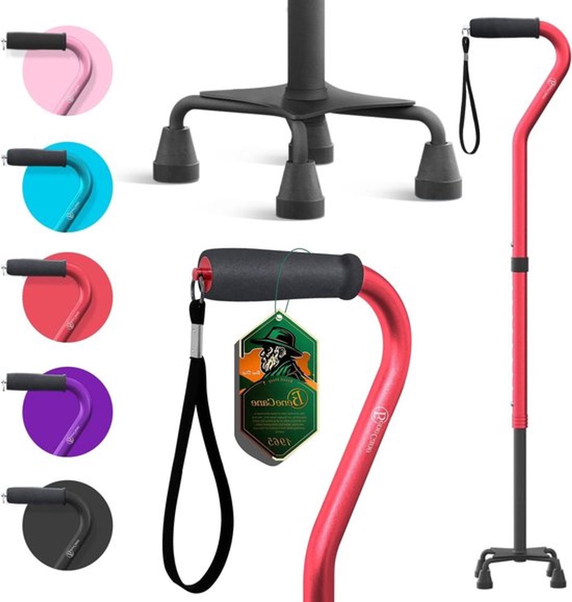 Opvouwbare wandelstok voor dames en heren - quad-stok met offset handvat - stevig en draagbaar - inklapbare 4-polige wandelstok