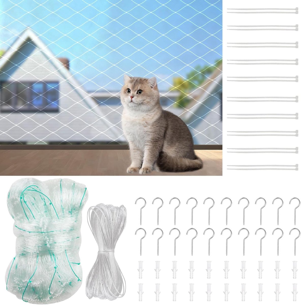 SnelShoppen - Cat Net voor Balkon 3 x 4 m - Versterkt, Geen Boren, Inclusief Haken, Kabelbinders en Bevestigingskoord - Balkonnet voor Katten, Veiligh