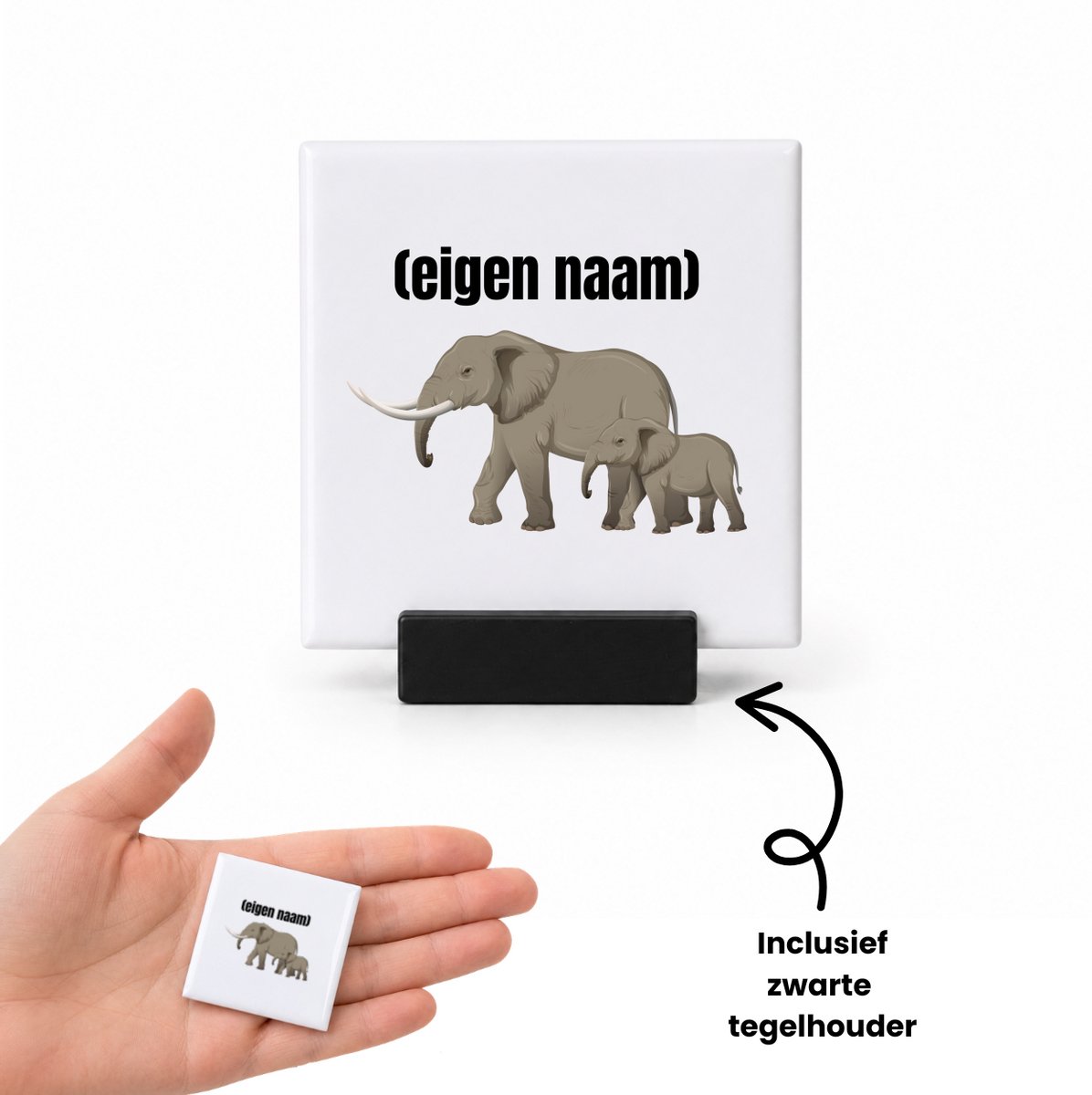 Hacebo olifant en kleine olifant met eigen naam tegeltje met tegelhouder - Olifant - olifanten liefhebbers - tegeltjes met tekst - iemand die houdt van olifanten - verjaardag - cadeau - kado - spreuktegels - 4.8x4.8 CM Wit