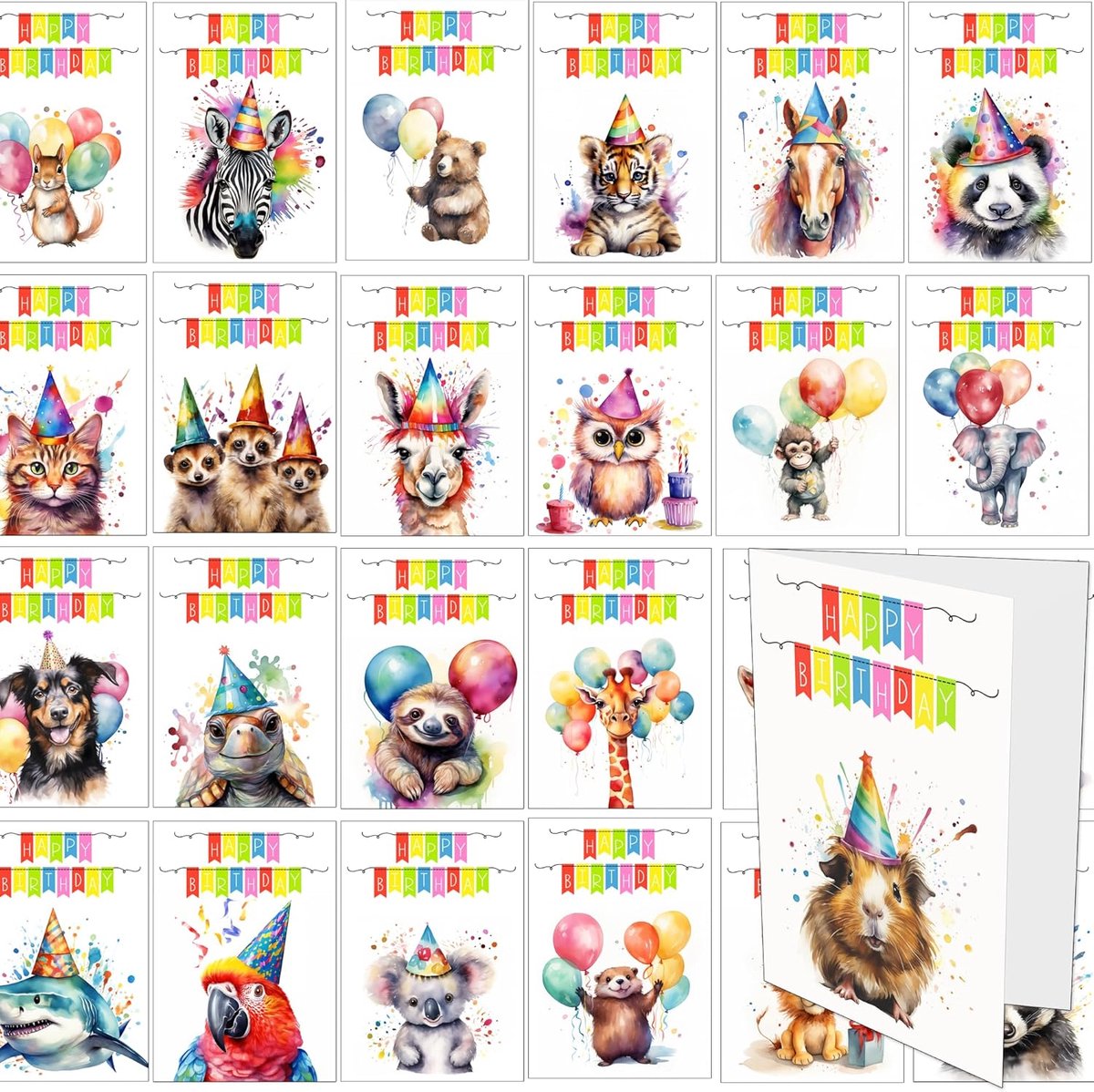 SnelShoppen - 30 Dieren Verjaardagskaarten in Heldere Waterverf met Witte Enveloppen - 30 Verschillende Ontwerpen voor Feestelijke Gelegenheden