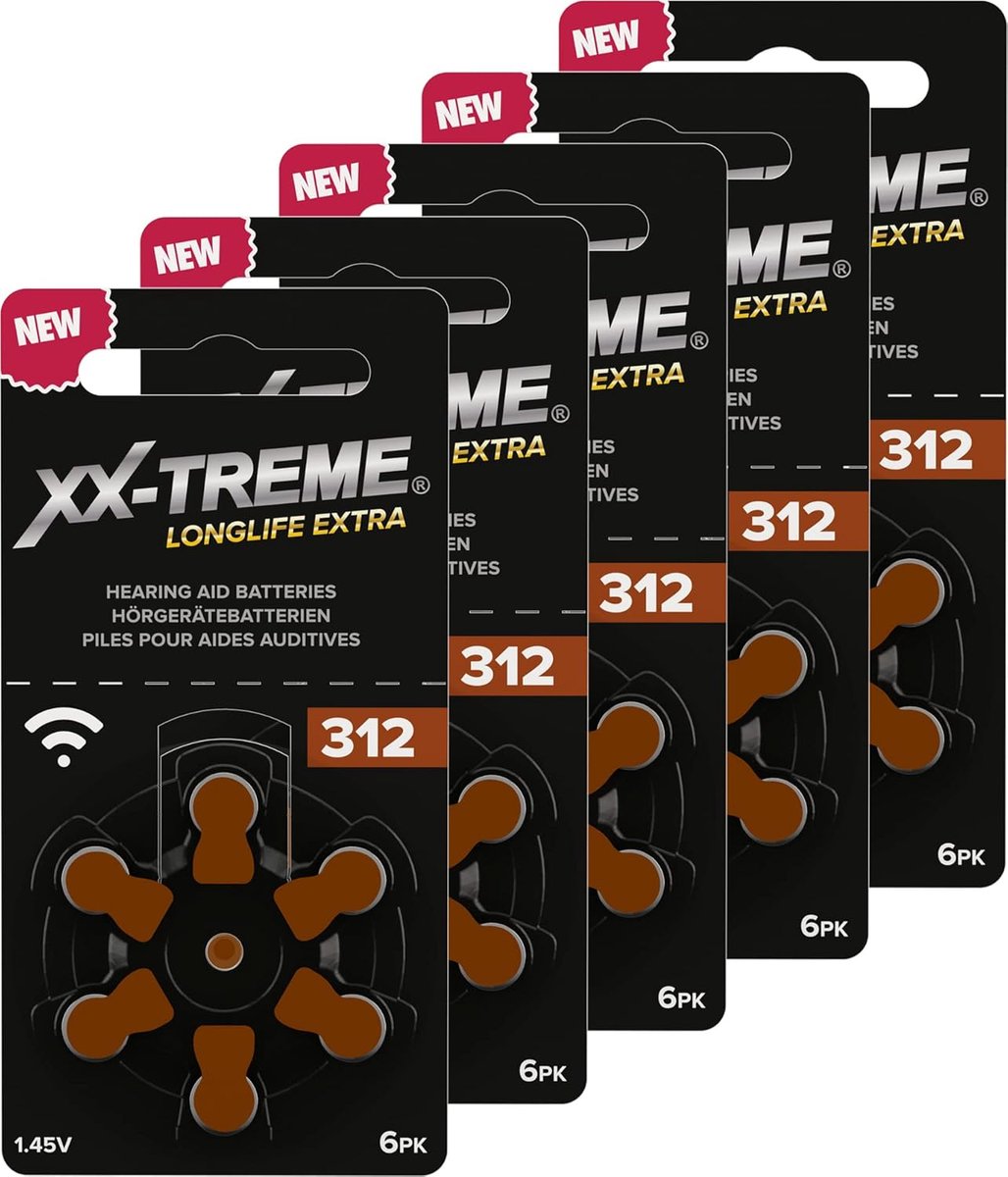 SnelShoppen - XX-Treme Longlife 312 Extra Hoortoestelbatterijen, 30 Stuks, Hoge Energiedichtheid, Lengte Levensduur, PR41 Kleurcode Bruin, Ideaal voor