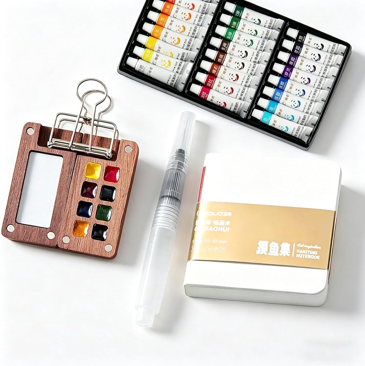 SnelShoppen - Mini Portable Wooden Watercolor Palette Travel Set - Wet Palette voor Gouache en Waterverf - Houten Reispalette met Metalen Ringbinder -