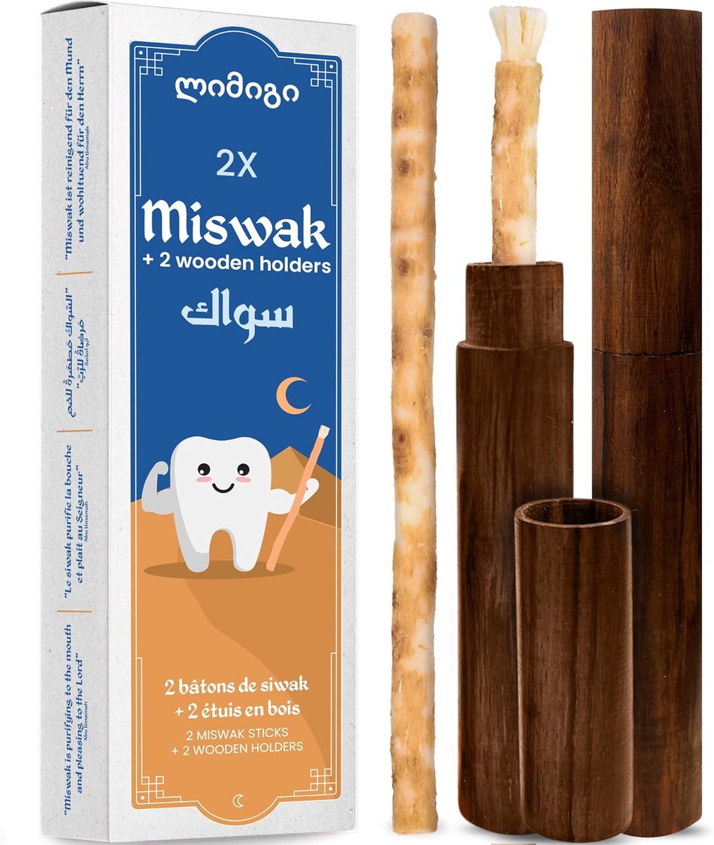 SnelShoppen - 2 Siwak Sticks + 2 Houten Cases - Milieuvriendelijke Miswak Tandenborstel - 100% Natuurlijke en Biologisch Afbreekbare Tandenreiniging -
