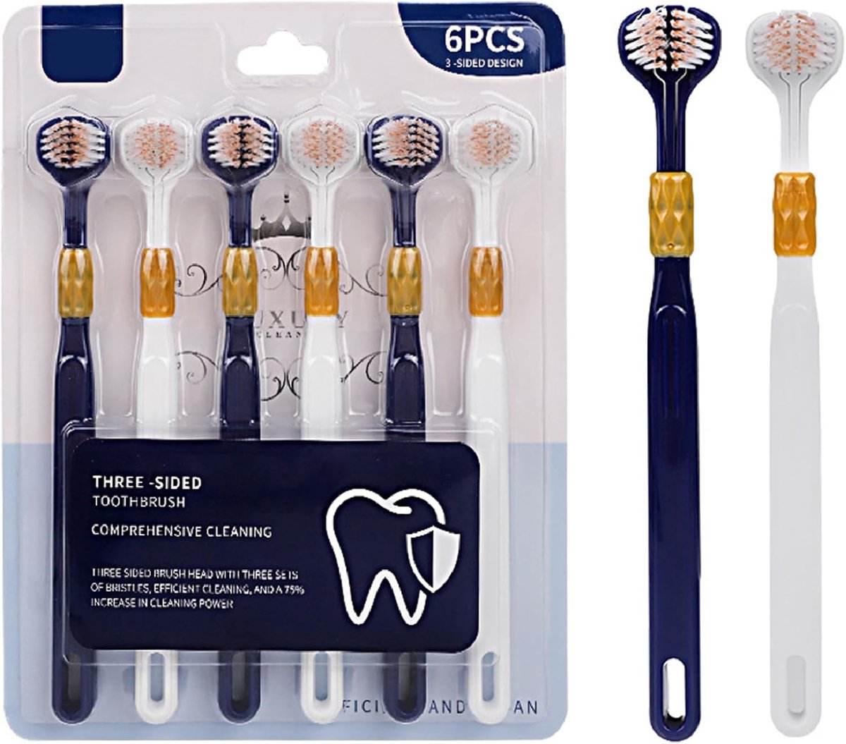 SnelShoppen - Pack van 6 3-zijdige tandenborstels, zachte borstelharen, 3D tandenreiniging, multifunctionele mondverzorging, donkerblauw-wit, voor vol