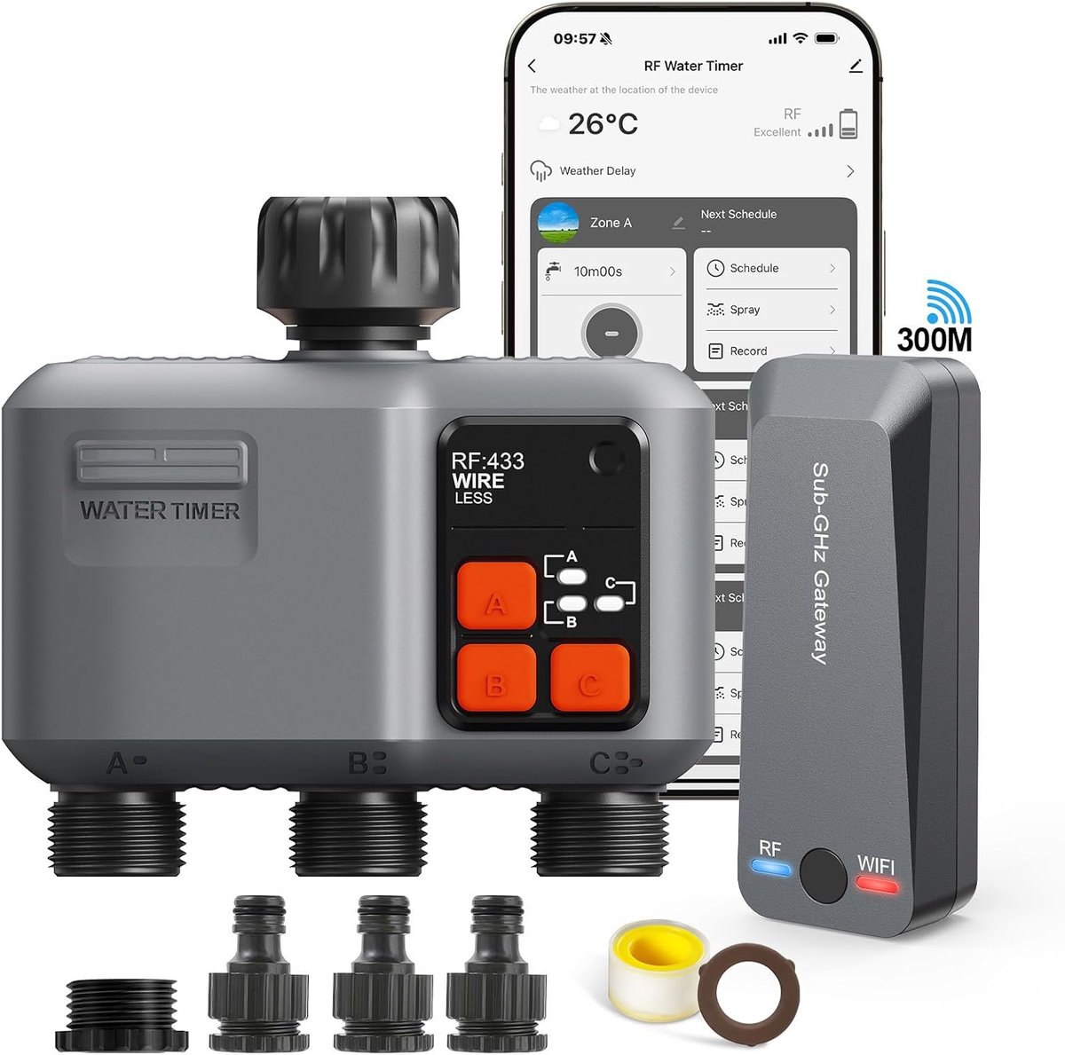 SnelShoppen - WiFi Irrigation Programmer met 3 Outputs, RF Technologie tot 300m, Automatische Tuinirrigatie Timer, Compatibel met Alexa en Smart Life