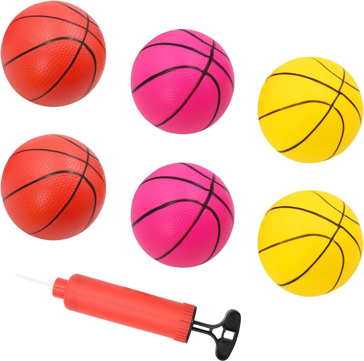 SnelShoppen - Pack van 6 Mini Basketbal Ballen 15 cm - Kleurige Mini Basketballen (Geel, Rood, Roze) met 1 Luchtopblaas Pomp - Voor Binnen en Buiten S