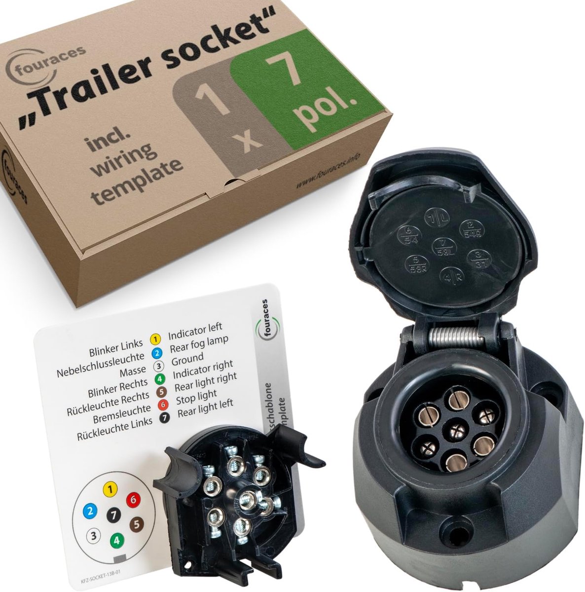 SnelShoppen - 7-Pins Trailer Stekker - Hoogwaardige Aansluitset voor Auto, Motorvoertuig en Tractor - Eenvoudige Bedrading met Template, Zwart