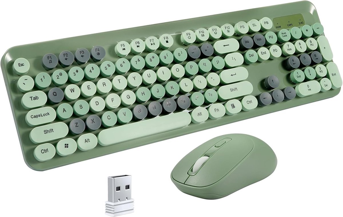 SnelShoppen - Draadloos Toetsenbord en Muis Set Retro Ronde Toetsen, 104 Toetsen QWERTY, USB-ontvanger, 2,4 GHz voor Windows PC Laptop, Plug & Play, C