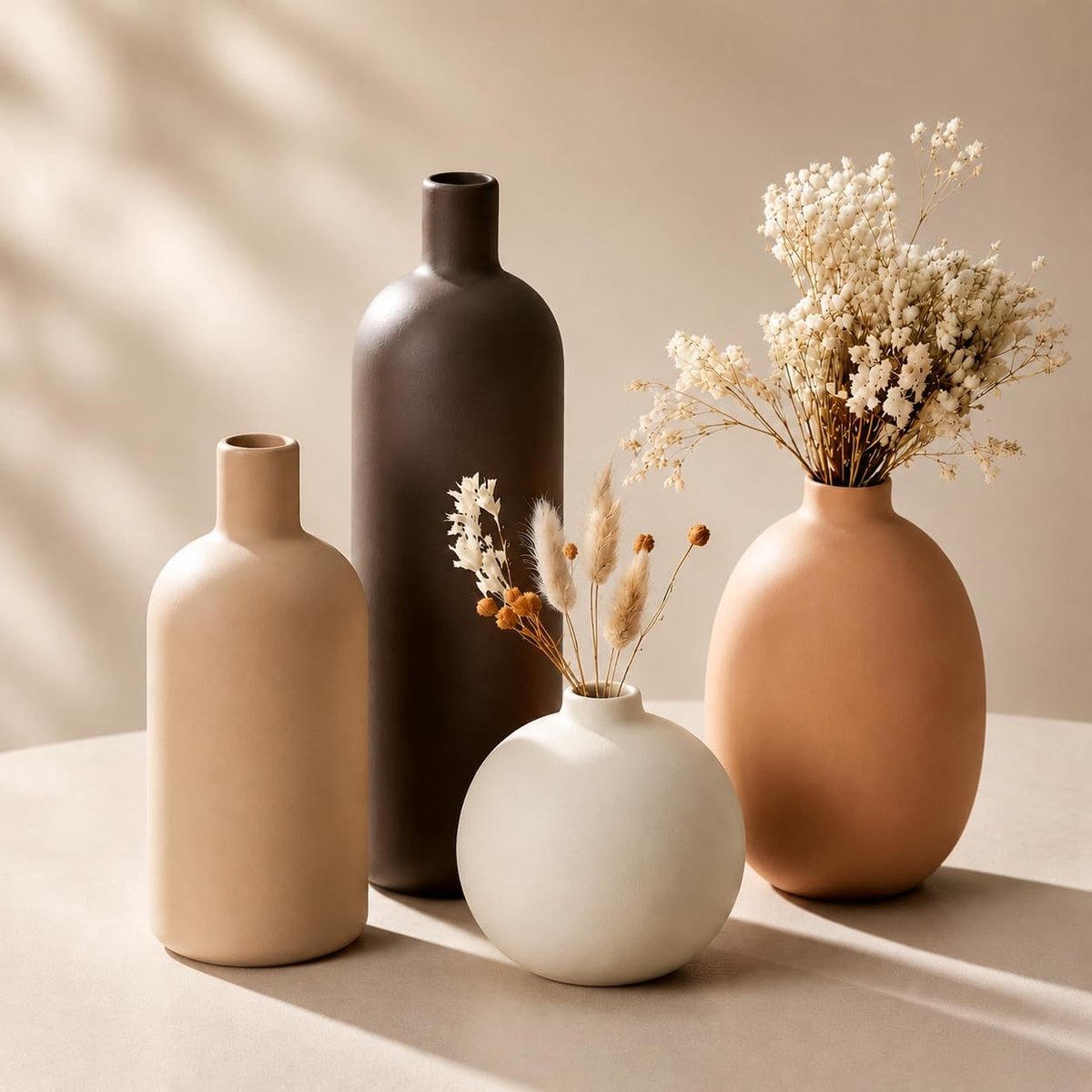 SnelShoppen - Set van 4 Decoratieve Keramische Vazen | Kleine Vazen voor Tafeldecoratie in de Eetkamer | Moderne Decoratie voor Gedroogde Bloemen, Pam