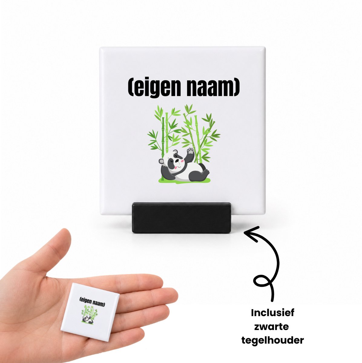 Hacebo liggende panda en bamboe met eigen naam tegeltje met tegelhouder - Panda - panda liefhebbers - tegeltjes met tekst - iemand die houdt van panda's - verjaardag - cadeau - kado - spreuktegels - 4.8x4.8 CM Wit