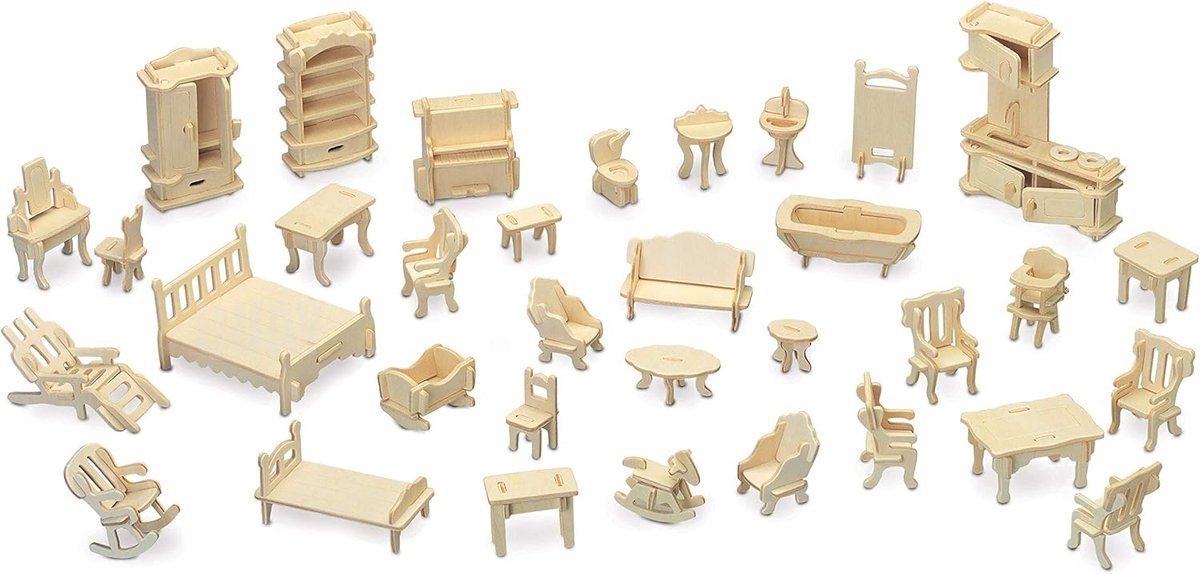 SnelShoppen - Quay Furniture Set Houten Kit FSC - 34 Vooraf Gezaagde Meubels 1:24 - Eenvoudig in elkaar te zetten - Creatief Schilderen en Verven - Pe