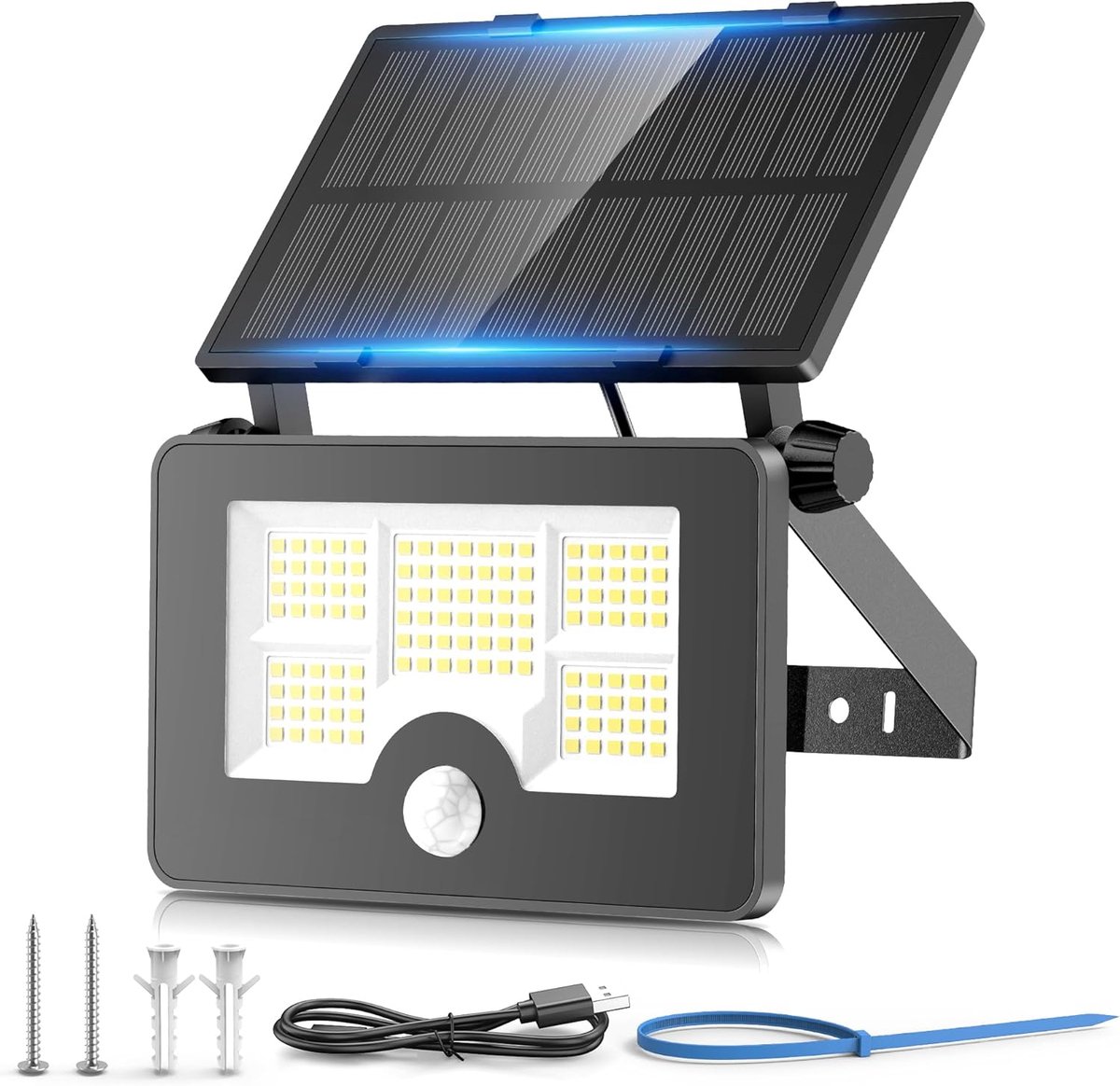 SnelShoppen - Solar Beveiligingslamp Buiten met Bewegingssensor, 122 LED, 4 Modi, Oplaadbaar via USB, 2200mAh, IP65 Waterproof Tuinverlichting voor Bu