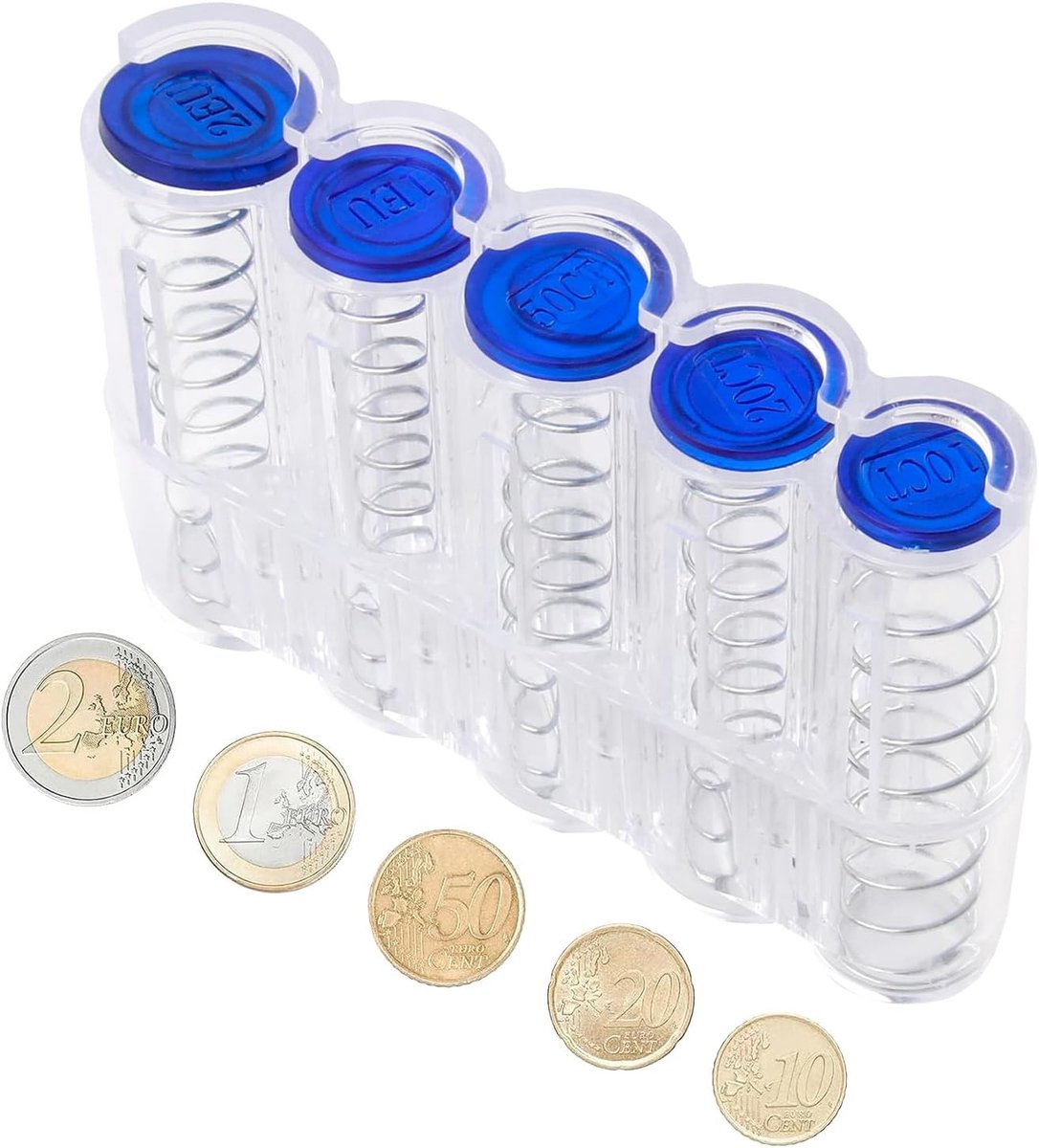 SnelShoppen - Coin Box met 5 Compartimenten, Transparante Munthouder voor Auto, Wisselsortering voor €2, 1€, 50 Cent, 20 Cent, Robuuste Kunststof Cons
