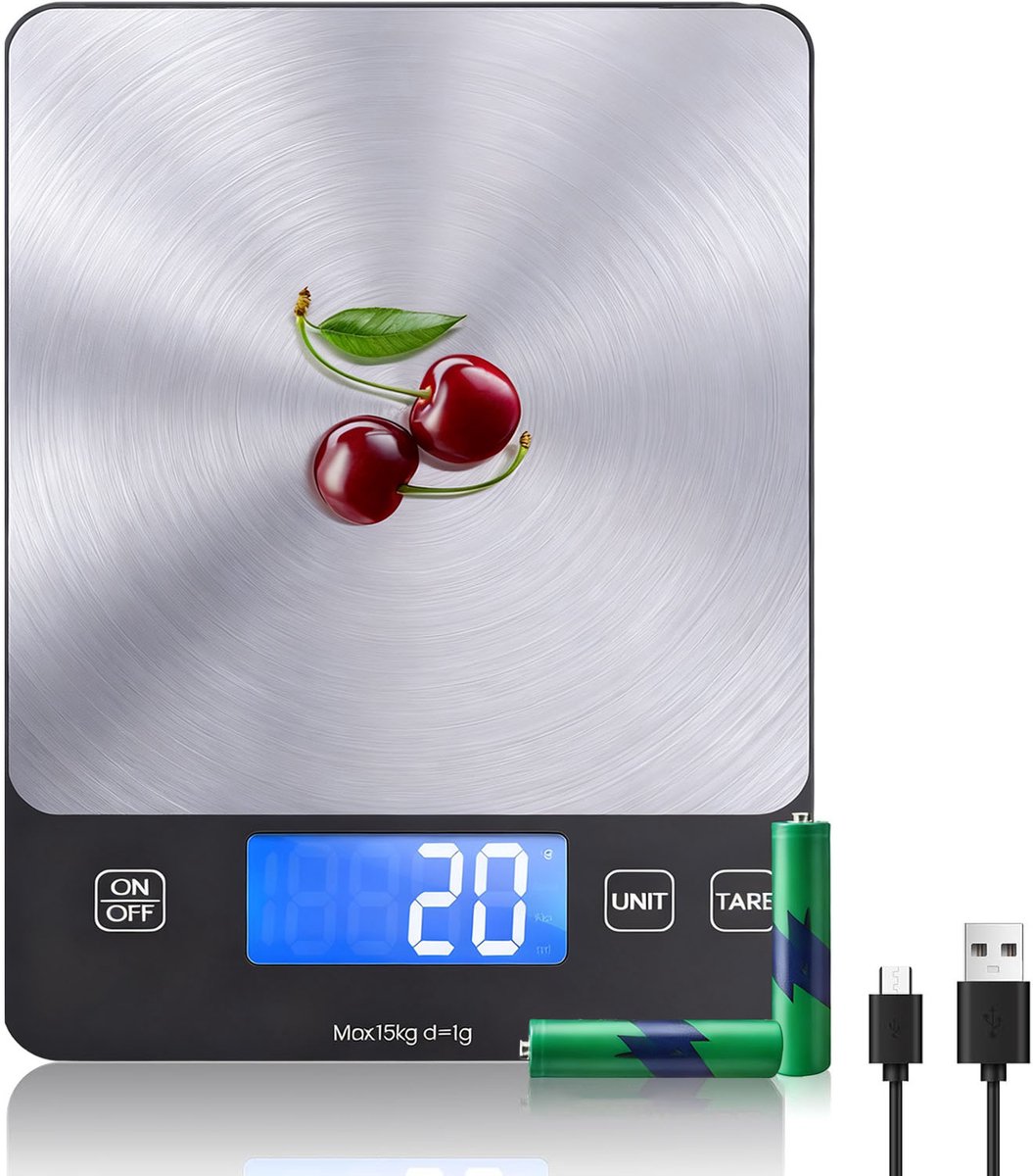 Digitale keukenweegschaal tot 10 kg - nauwkeurigheid 1 g - RVS weegvlak, tarrafunctie en 6 eenheden - zwart - met lcd-display - voor koken en bakken