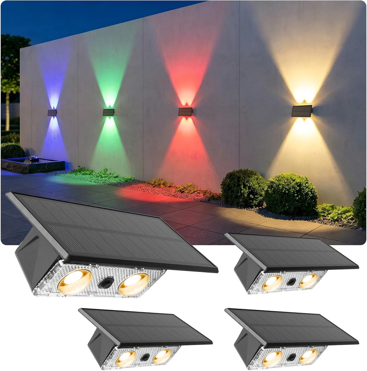 SnelShoppen - 4 Pack Solar Buitenlampen Wand RGB, Oplaadbare Tuinverlichting IP65 Waterdicht, Draadloze Tuinlamp voor Hek, Terras, Feestverlichting