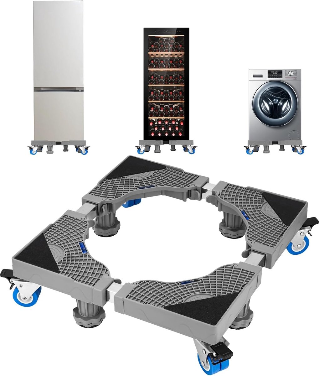 SnelShoppen - Universele Wasmachine, Koelkast, en Droger Basis met 4 Poten en 4 Wielen, Verstelbaar van 41 tot 66 cm, Antislip Schokabsorptie, Roestvr