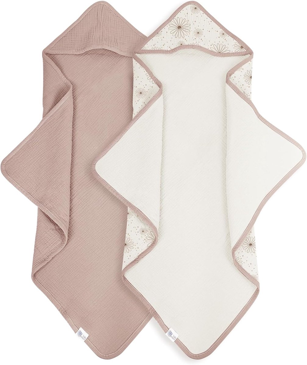 SnelShoppen - Baby Handdoek Kapper voor Badkamer - Muslin Katoen 75x76 cm - Oeko-Tex, Extra Zacht en Absorberend - 2-Pack (Lichtroze + Wit)