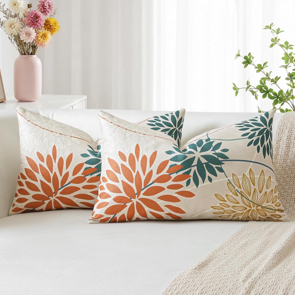 SnelShoppen - Set van 2 Kussenhoezen Oranje Blauw Dalia Bloemen 40 x 60 cm Modern Geometrisch Patroon voor Sofa Slaapkamer Tuin Decoratie
