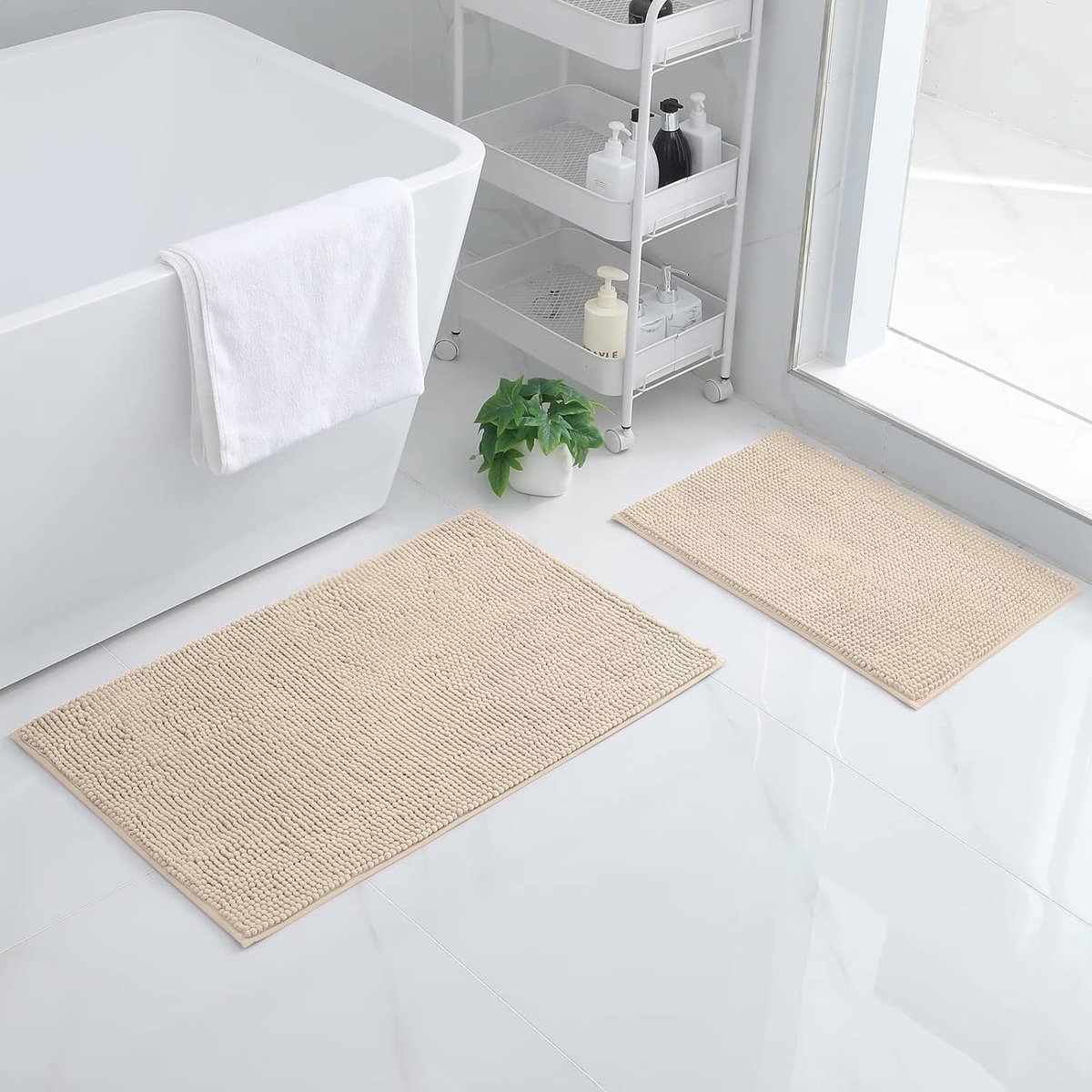 SnelShoppen - Chenille Badmat Set 2 Delig Antislip Badkamer Tapijt Set Zacht Absorberend Wasbaar Badlaken 40x60cm + 50x80cm Beige