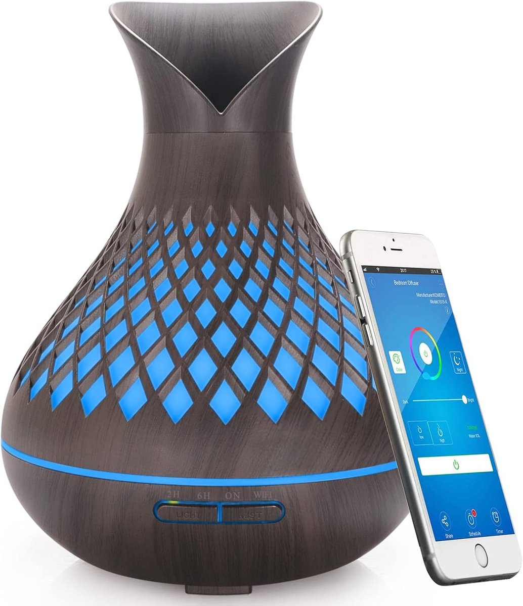 SnelShoppen - Smart Wi-Fi Essential Oil Aroma Diffuser 500 ml, Stijlvolle Luchtbevochtiger met App & Alexa/Google Home Controle, 7 Kleuren LED, Timer
