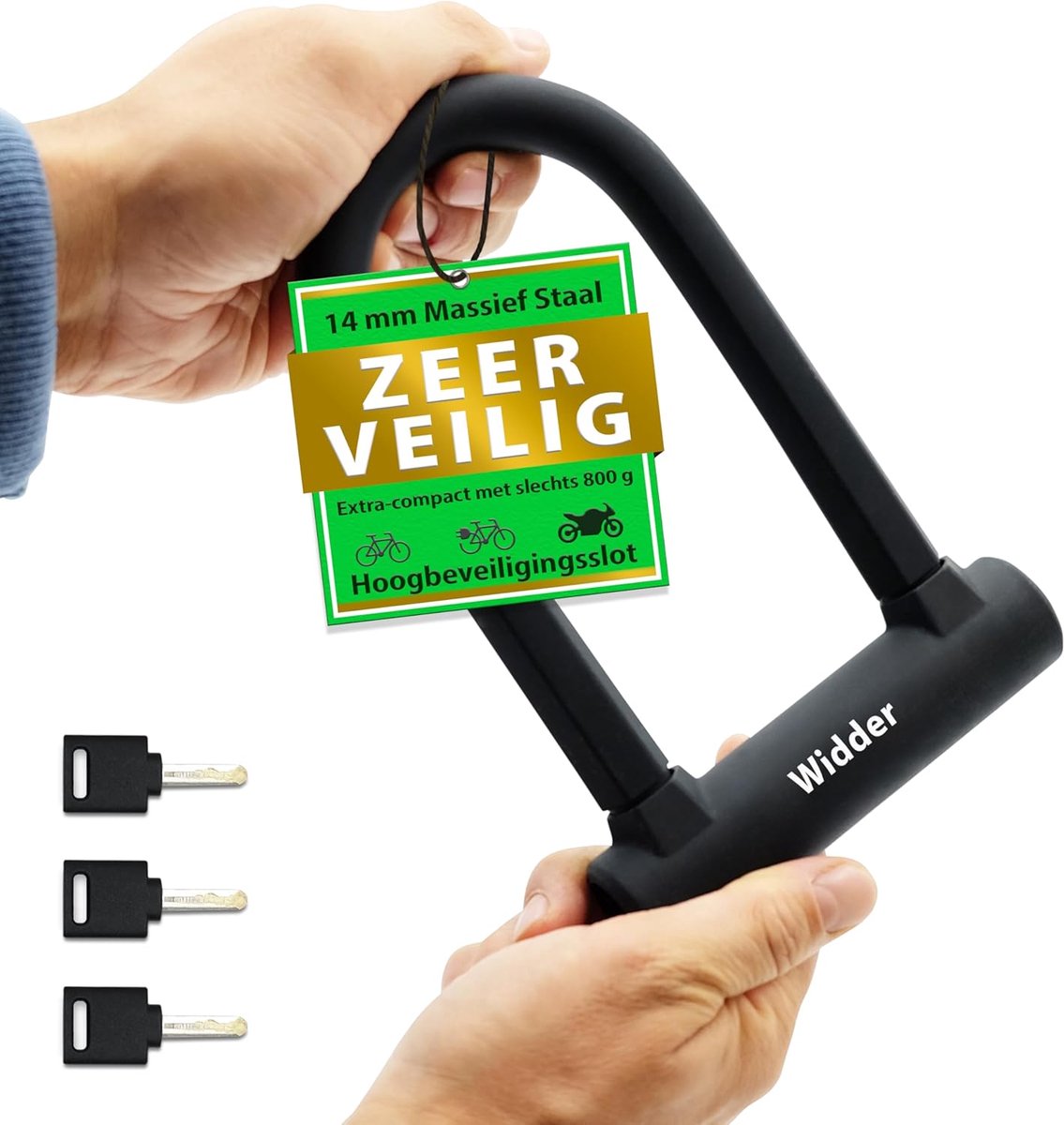 SnelShoppen - Fietsslot Hoog Beveiligd - Stalen Beugelslot 14 mm - Lichtgewicht 800 g - Inclusief 3 Sleutels & Houder voor E-Bike, E-Scooter, Fiets