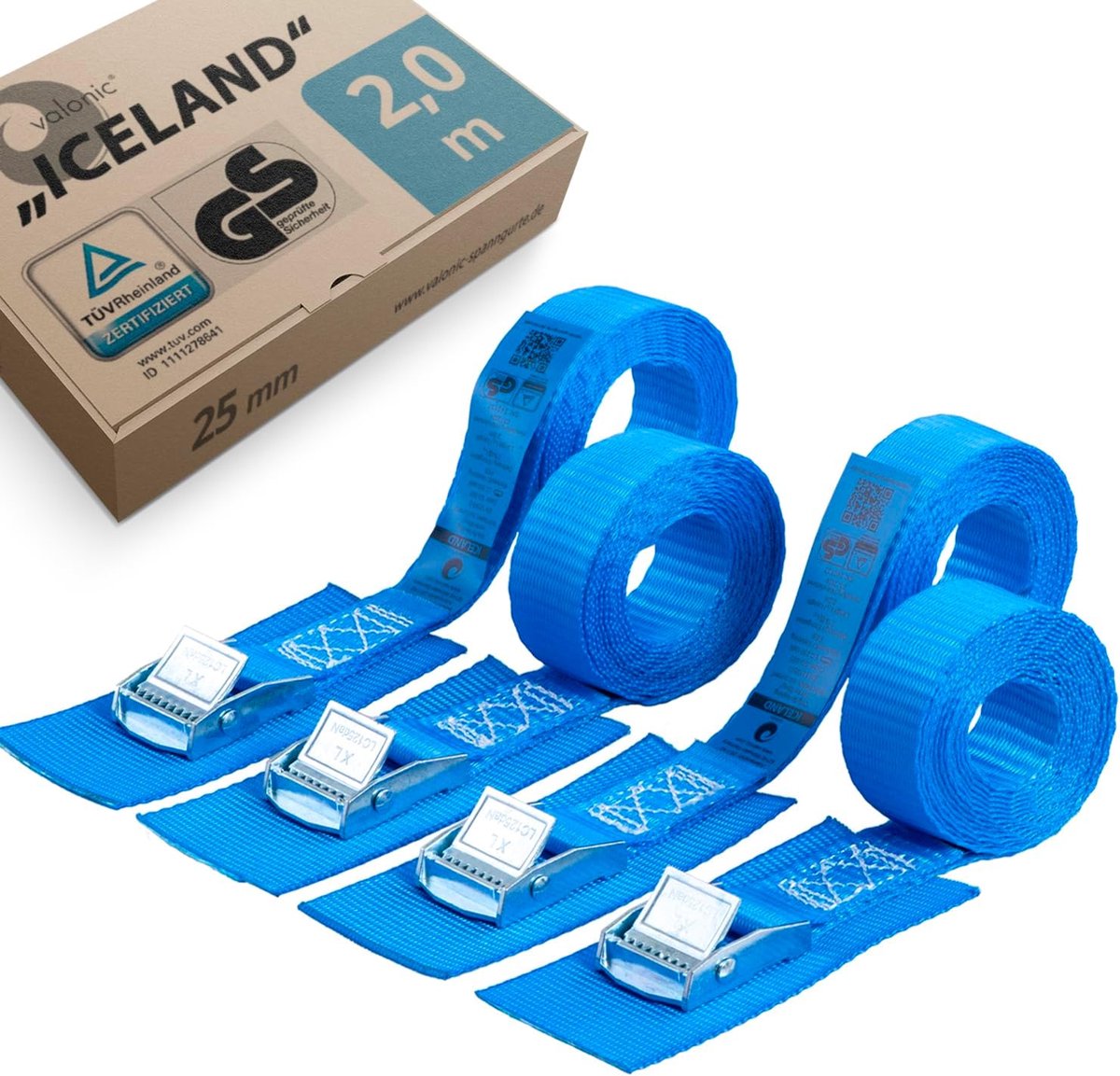 SnelShoppen - 4x2m Lashing Straps 250mm 250kg Met Clamp Lock - Padded Tie Down Straps Voor Auto Dakkoffer, SUP Board, Kayak - Blauwe Bevestigingsrieme