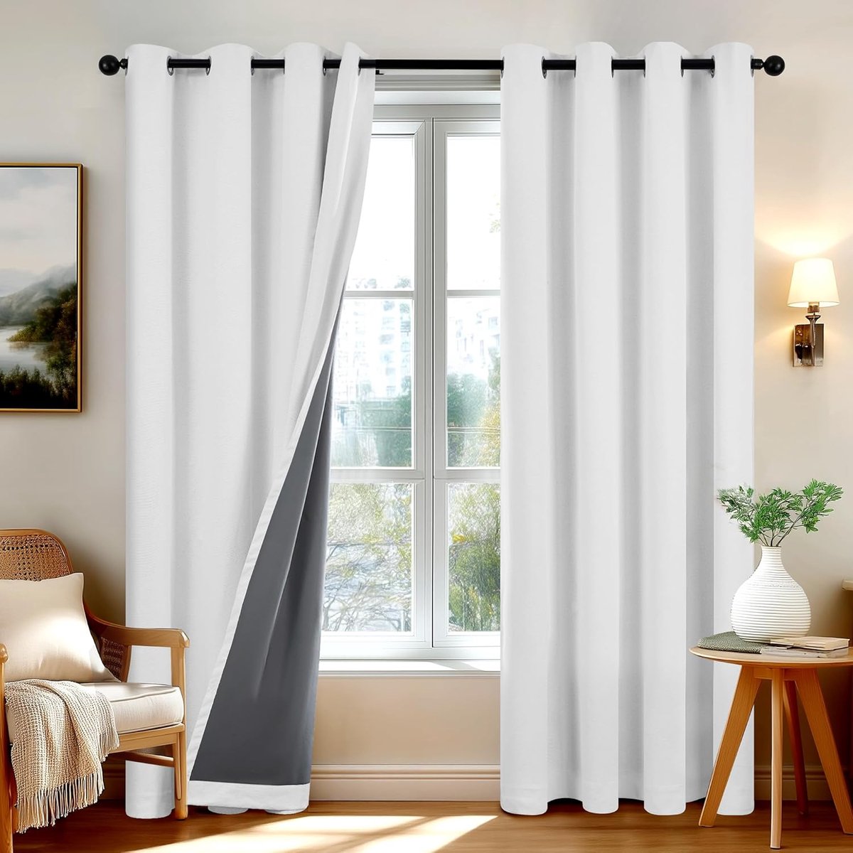 SnelShoppen - Deconovo Zwarte Binnen Gordijnen 100% Blackout met Ogen, 2-Pack Thermisch Isolerende Gordijnen in Linnenlook, 140 x 214 cm, Parelg rij,