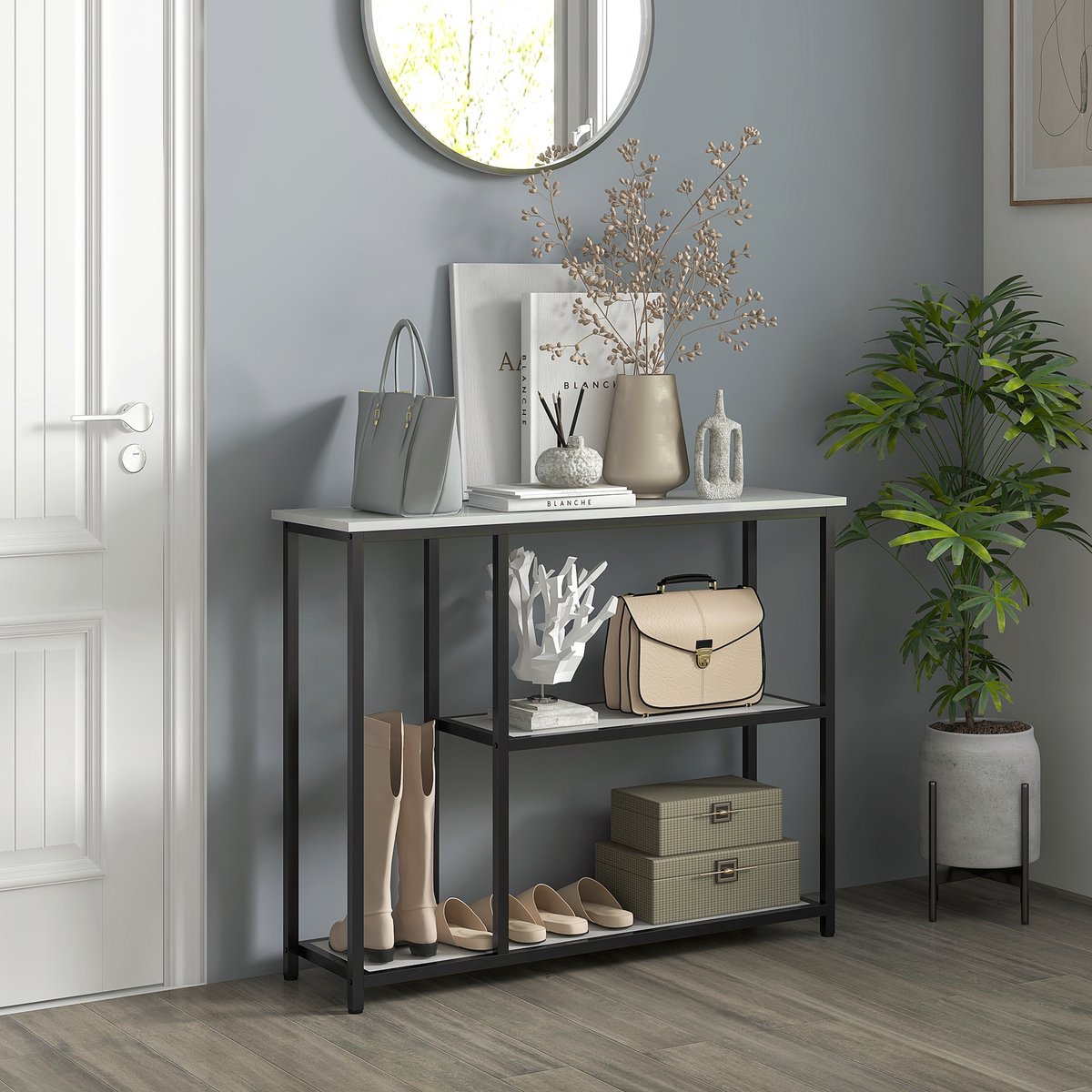 Wishdor - Sidetable - Smalle console met 2 open legplanken - Modern - Voor hal en woonkamer - Bewerkt hout en staal - Wit - 100 x 30 x 80 cm