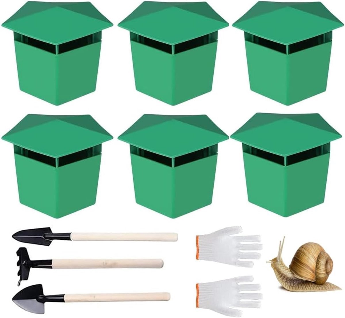 SnelShoppen - Snail Traps Set van 6 Stuks, Organische Slakkenvangers met Dak - Chemievrije Slakkenvangers voor de Tuin, Inclusief Graafgereedschap en