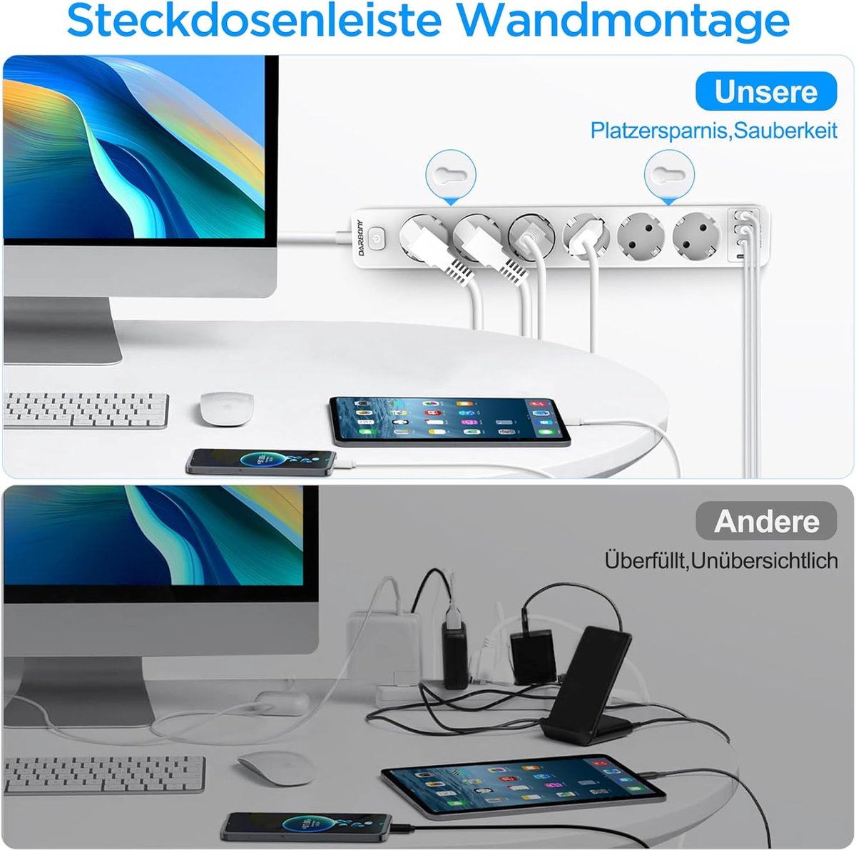 SnelShoppen - Stekkerdoos met 4 USB, 6-voudig stopcontact met schakelaar, wandmontage, 3680 W, 16 A, 2 type C, meervoudige stekker, verdelerstopcontac