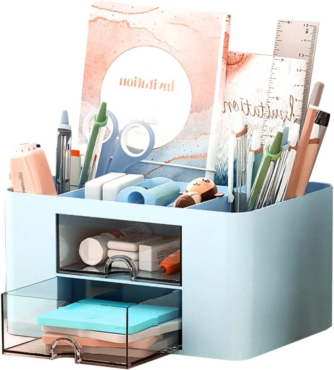 SnelShoppen - Desk Organiser met 7 Compartimenten, Multifunctionele Penhouder van Plastic, Bureau Organizer met Lade, Desk Accessories voor Kantoor, T