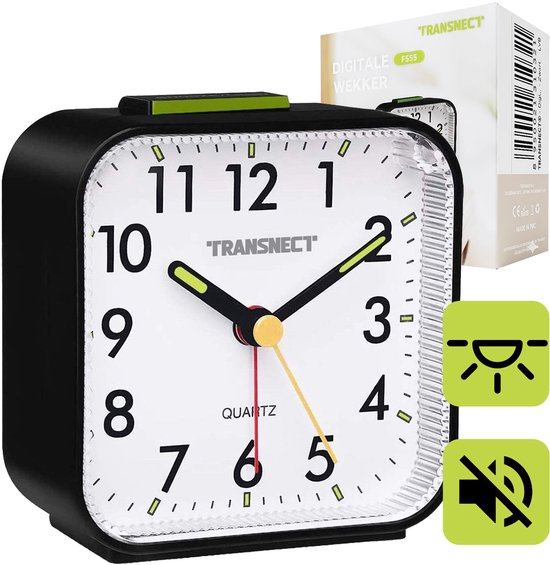TRANSNECT® - Digitale Wekker Analoog - met Snooze - Geen Tikken - met Verlichting - Energieklasse A+++ - Zwart