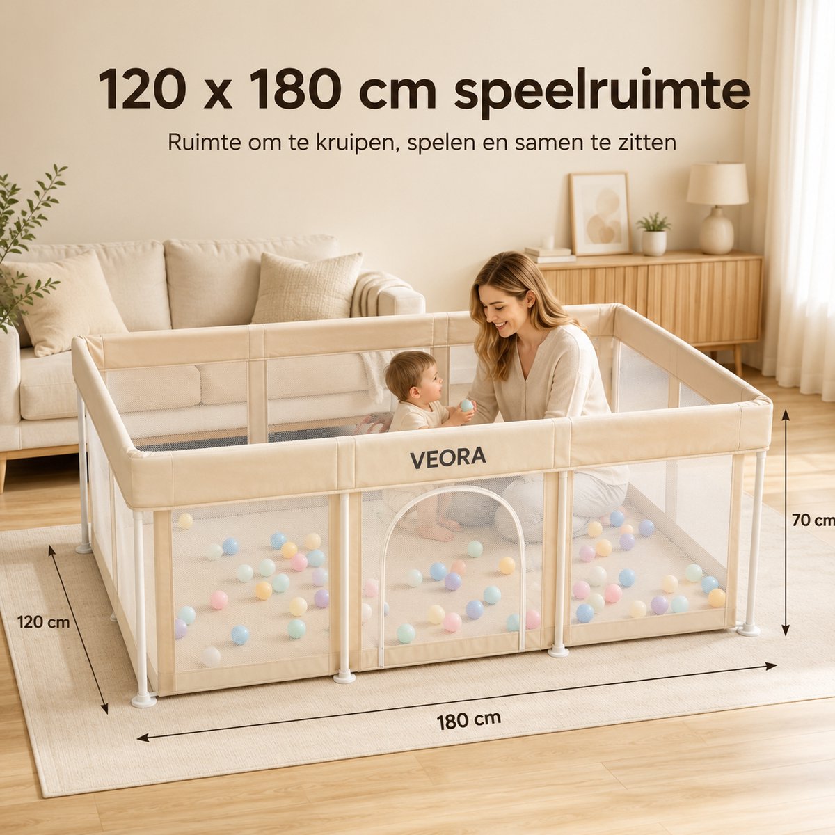 Veora® Inklapbare Grondbox Baby 120 x 180 cm - Inclusief 1 cm Speelmat, 50 Speelballen en Draagtas - Opvouwbare Babybox - Beige – foto 8
