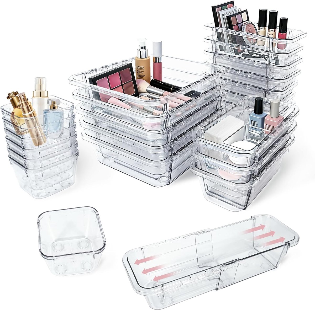 Thijox - Lade-organizer set van 14 stuks voor make-uptafel, multifunctionele organizer in 3 maten, plastic, ideaal voor cosmetica, accessoires en meer