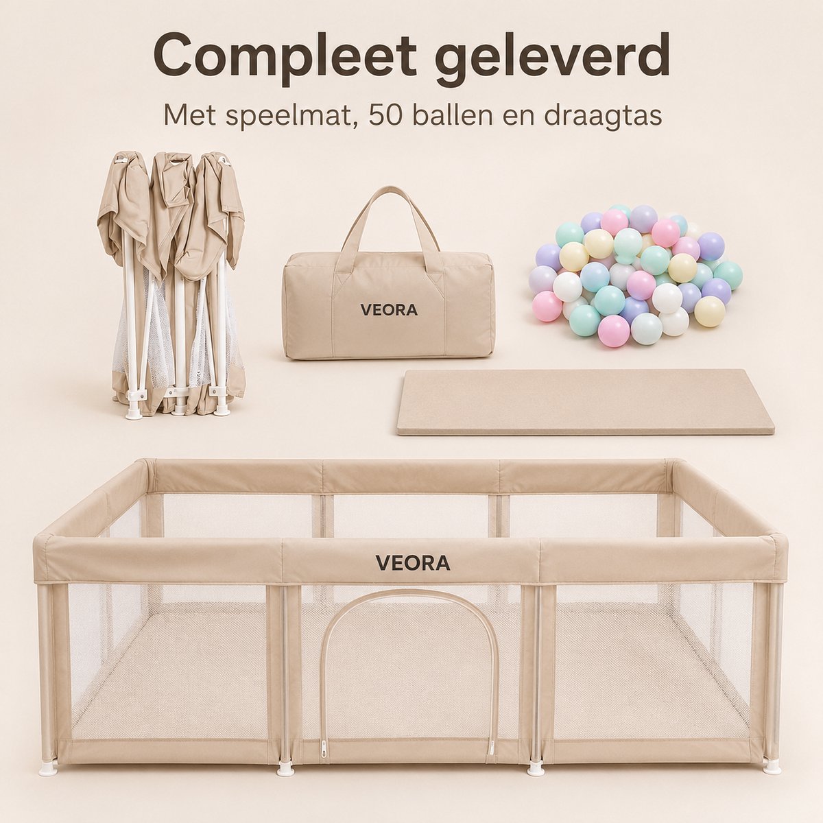 Veora® Inklapbare Grondbox Baby 120 x 180 cm - Inclusief 1 cm Speelmat, 50 Speelballen en Draagtas - Opvouwbare Babybox - Beige – foto 6